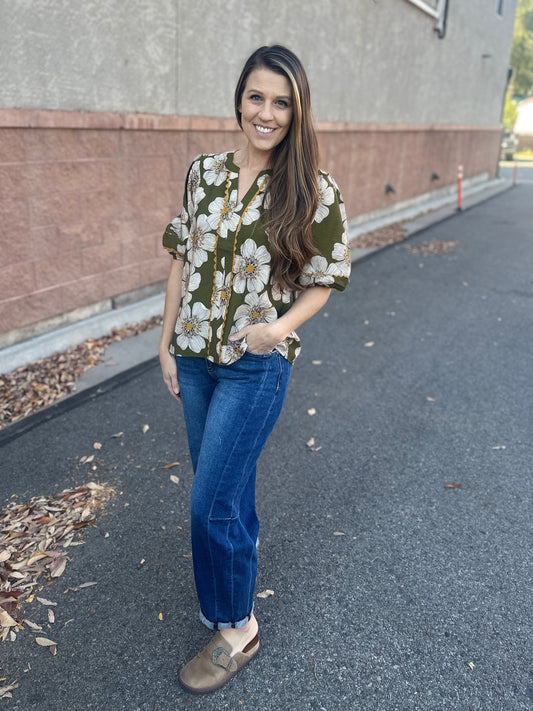 Olive Floral 3/4 Sleeve