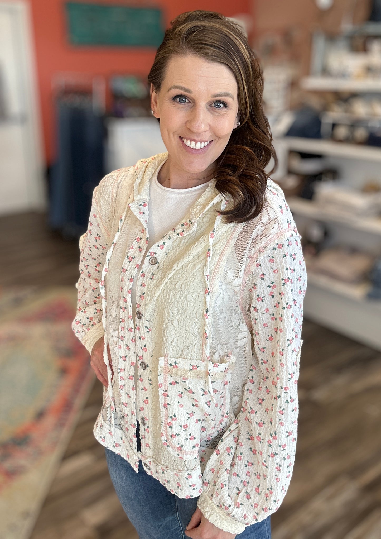 Cream Floral and Lace Hooded Jacket