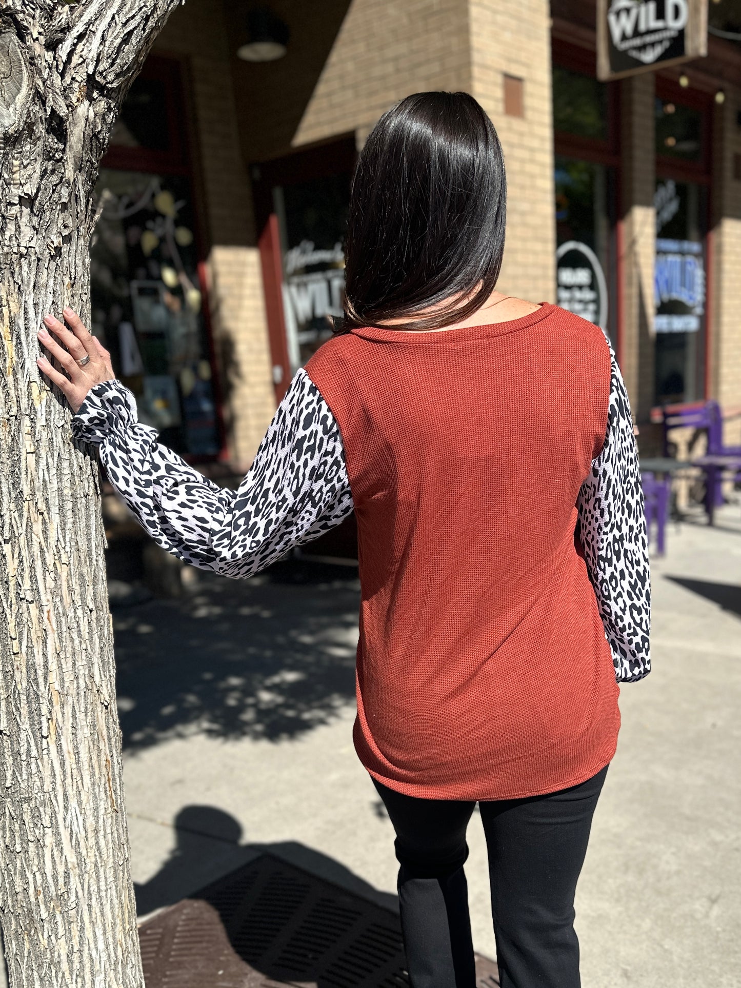 Rust Waffle Knit + Animal Print Long Sleeve