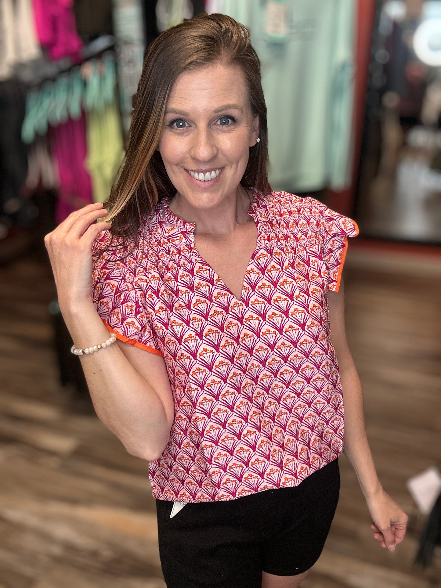 Pink Ruffled Collar Short Sleeve Blouse
