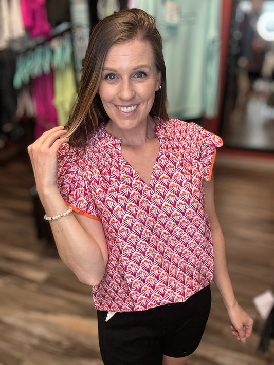 Pink Ruffled Collar Short Sleeve Blouse