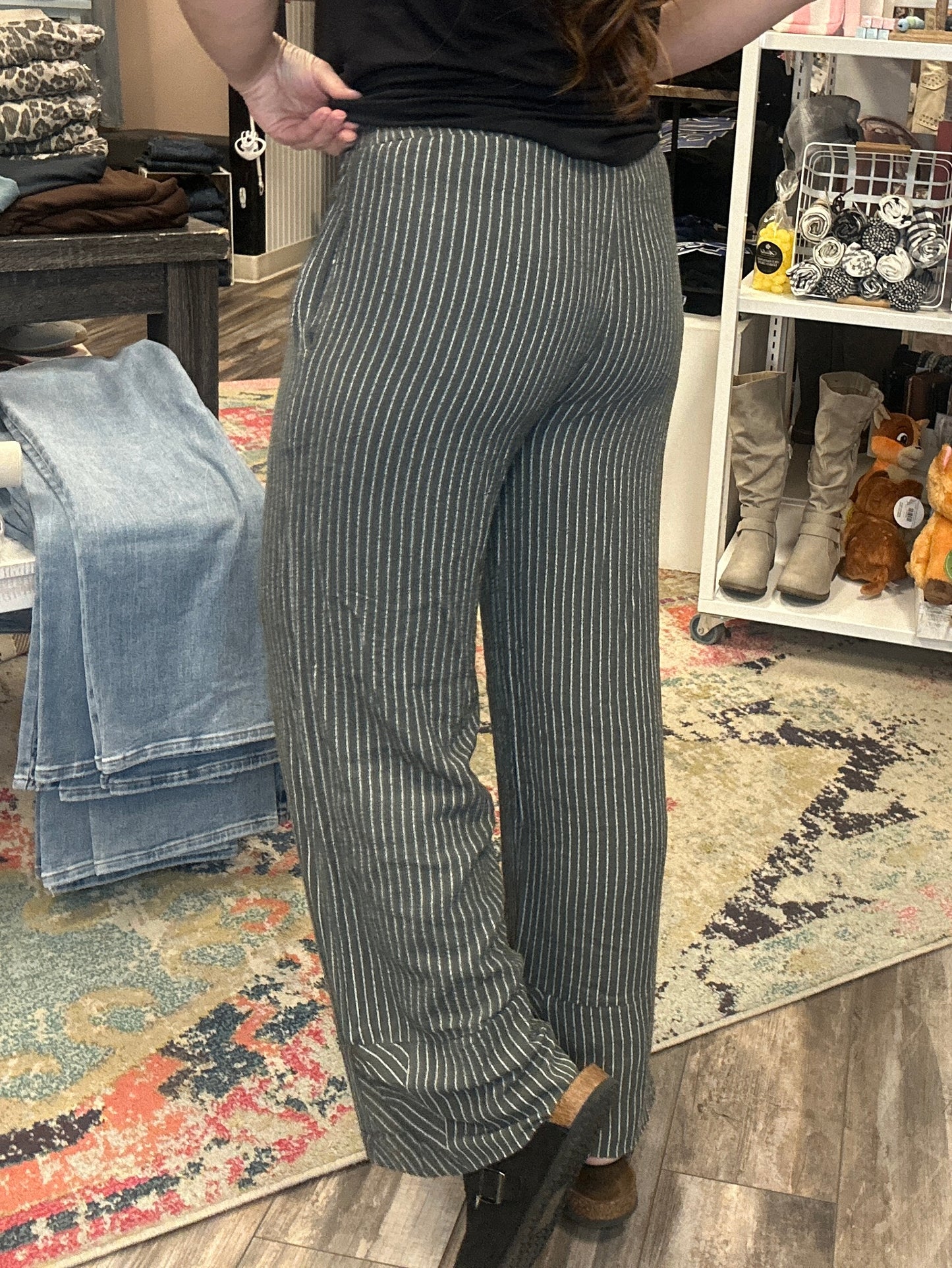 Olive Striped Linen Wide Leg Pants
