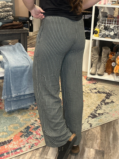 Olive Striped Linen Wide Leg Pants