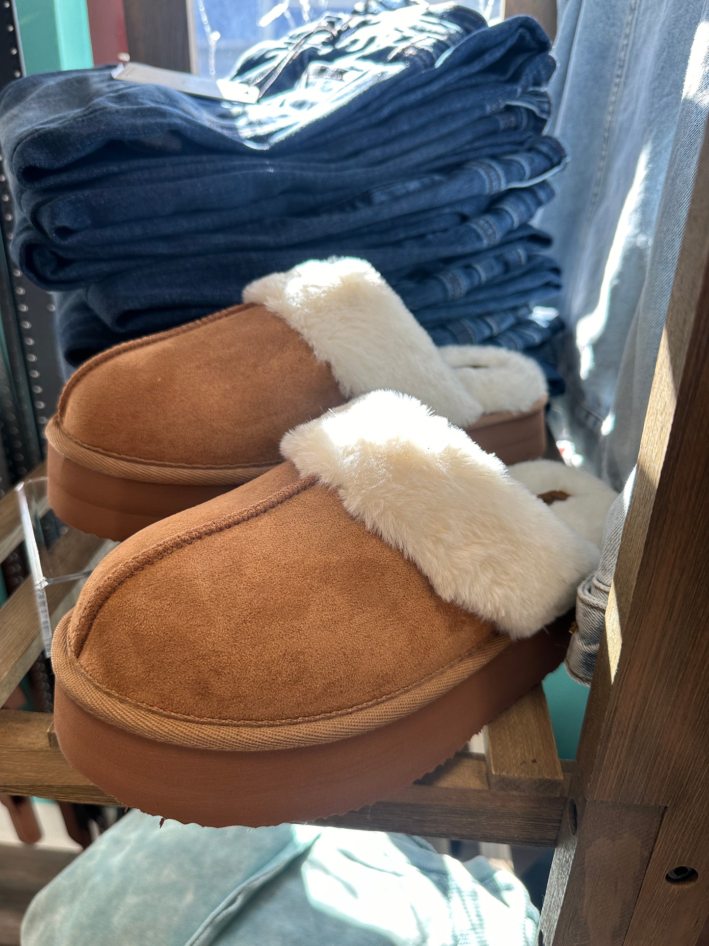 Tan Faux Fur Platform Slippers