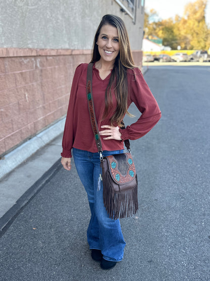 Solid Ruffle Smocked Long Sleeve Blouse