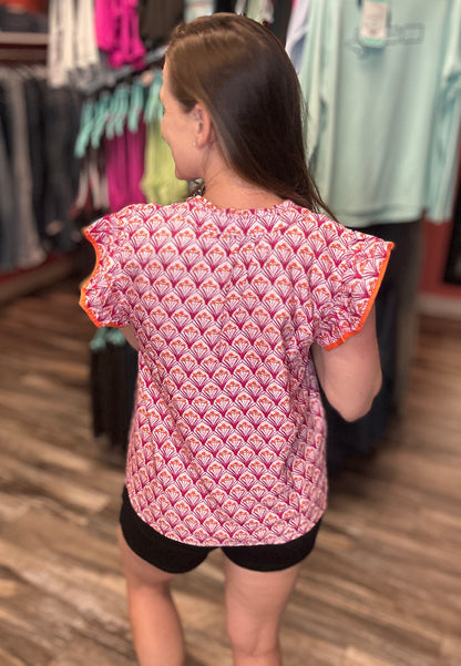Pink Ruffled Collar Short Sleeve Blouse