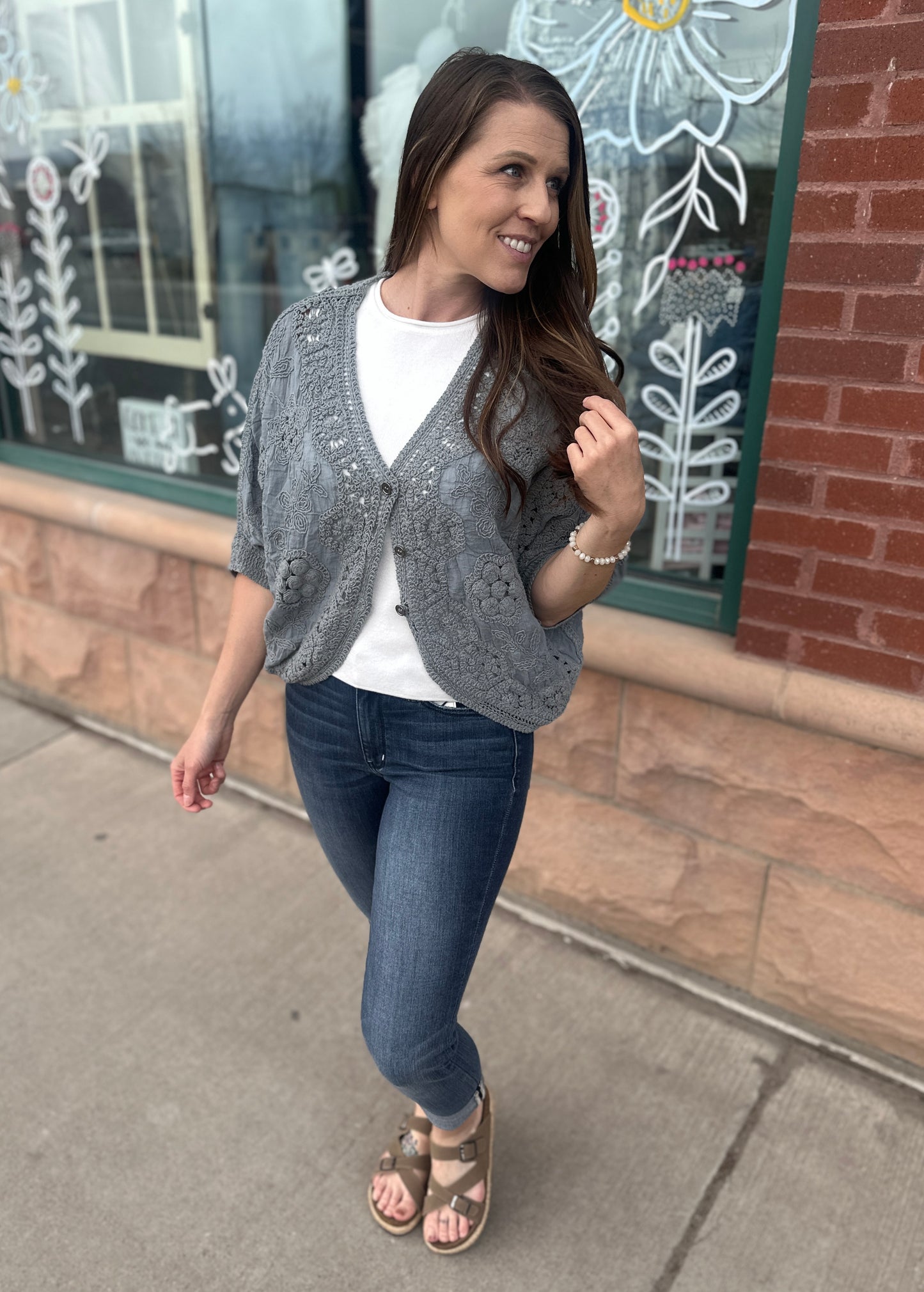 Grey Crochet Cropped Cardigan