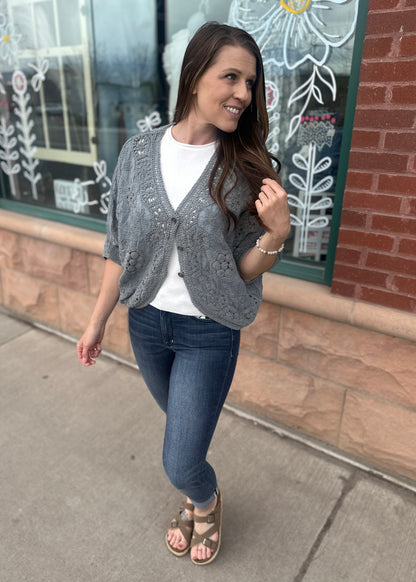 Grey Crochet Cropped Cardigan