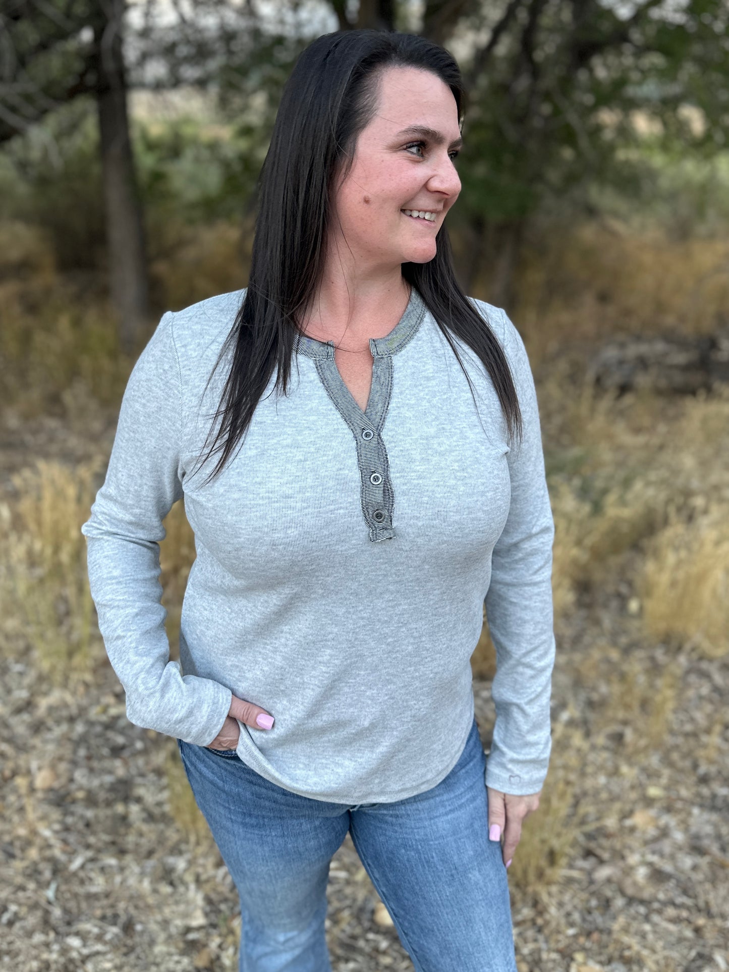 Contrast Buttoned Henley Long Sleeve