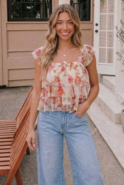 Floral Mesh Ruffle Tiered Cami Top