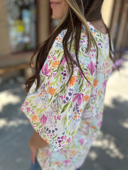 Notch Neck Puff Sleeve Floral Woven Top