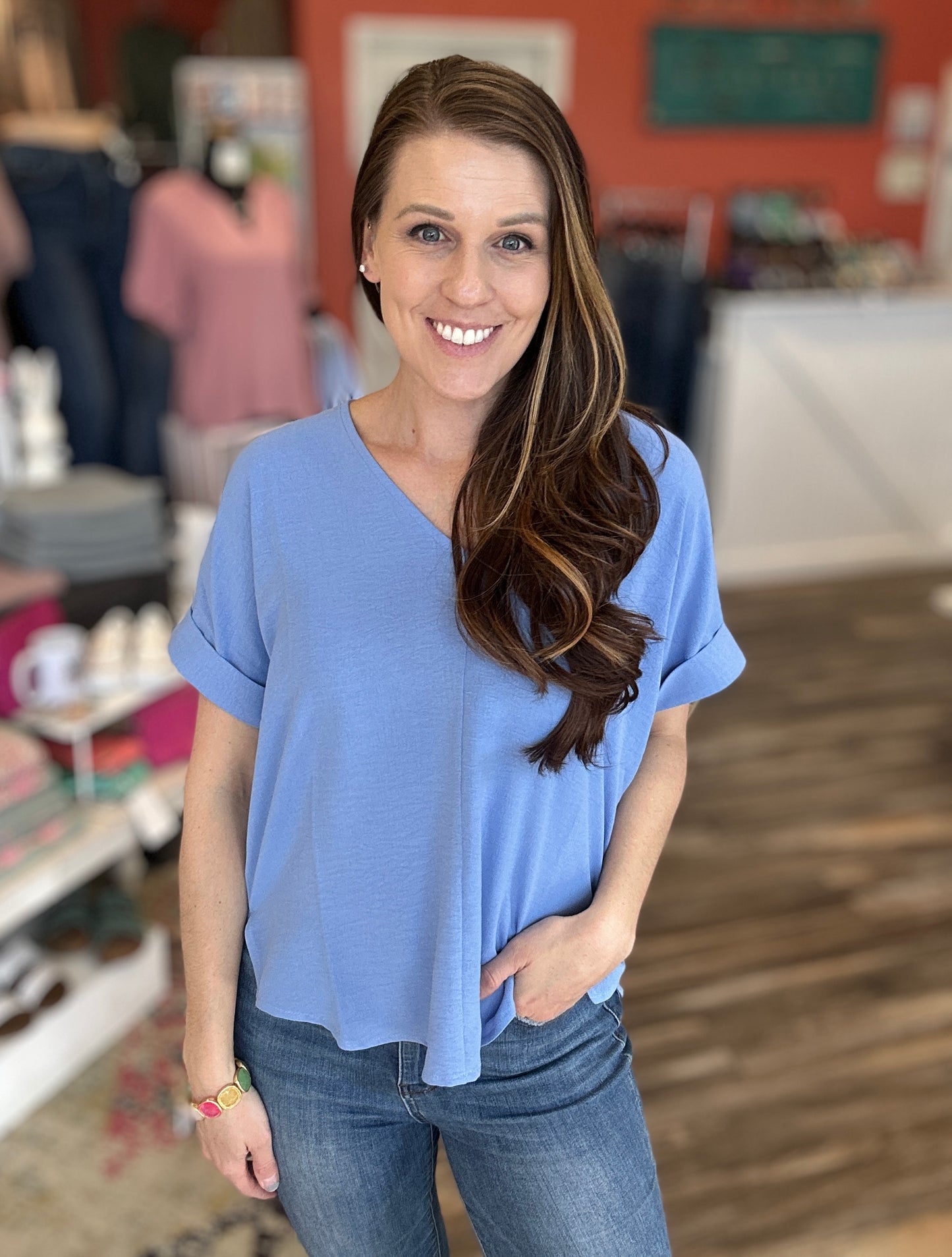 V-Neck Rolled Up  Short Sleeve