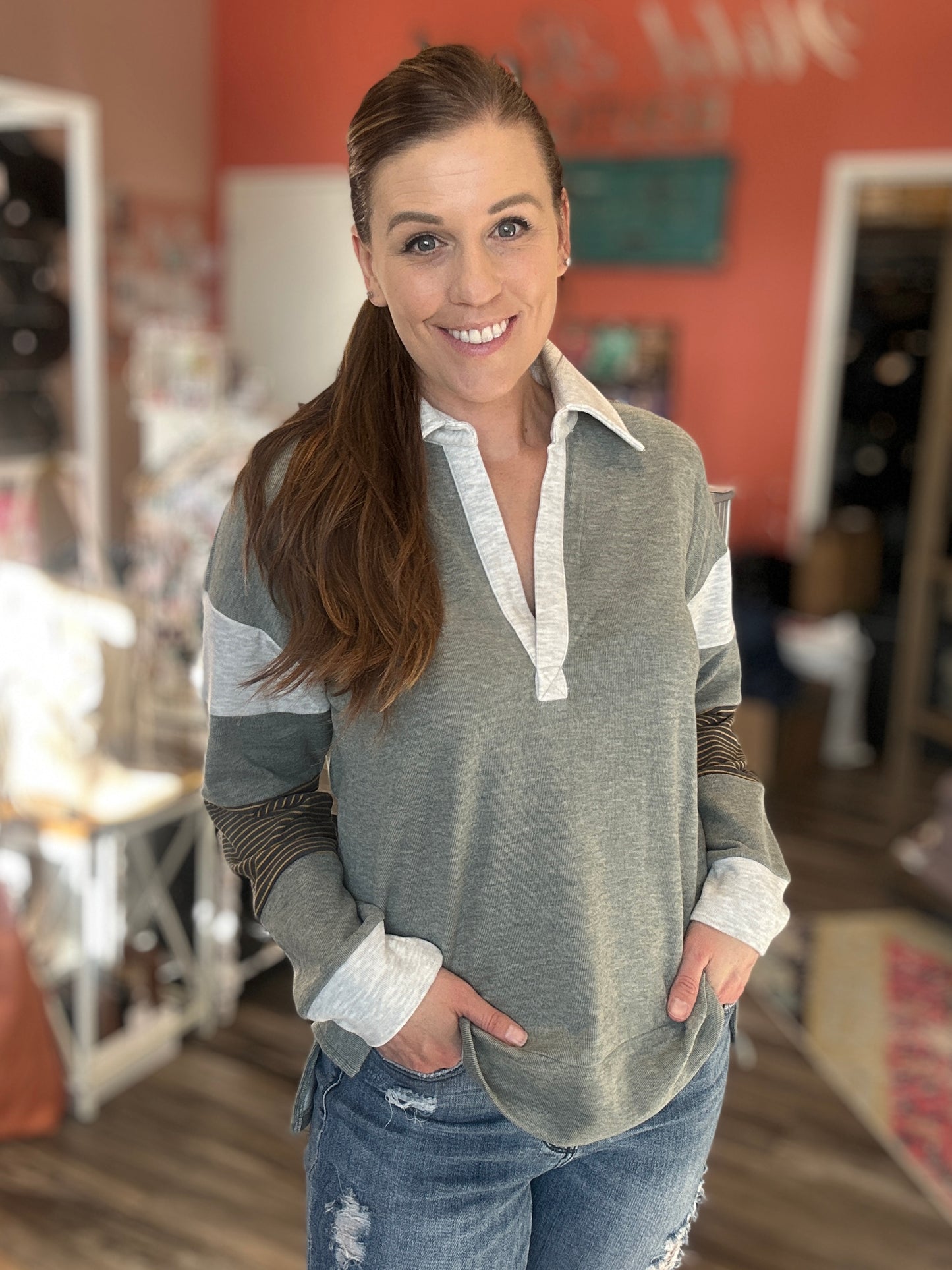 Brushed Stiped Mixed Pullover