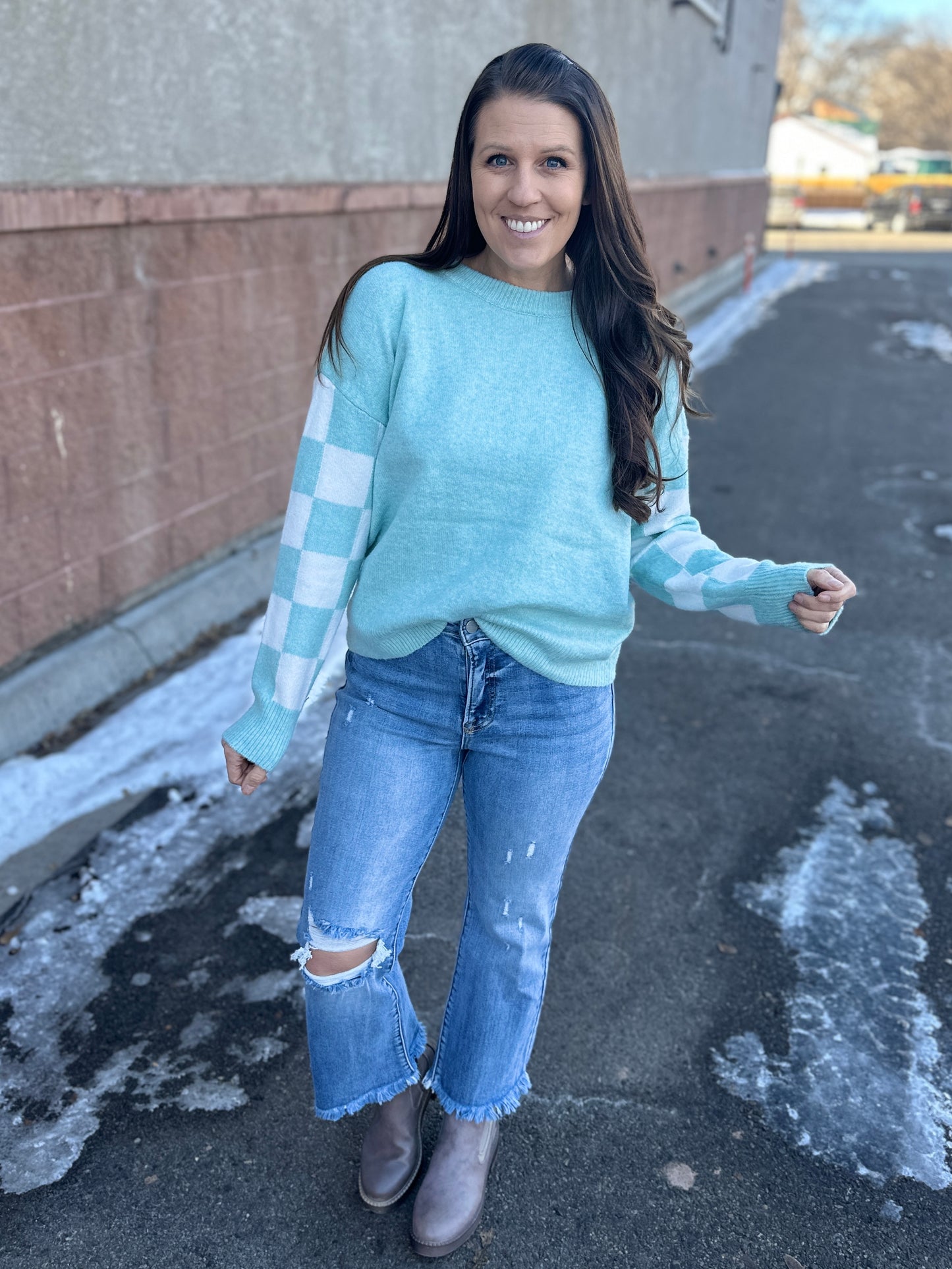 Light Blue Cozy Checkered Sweater