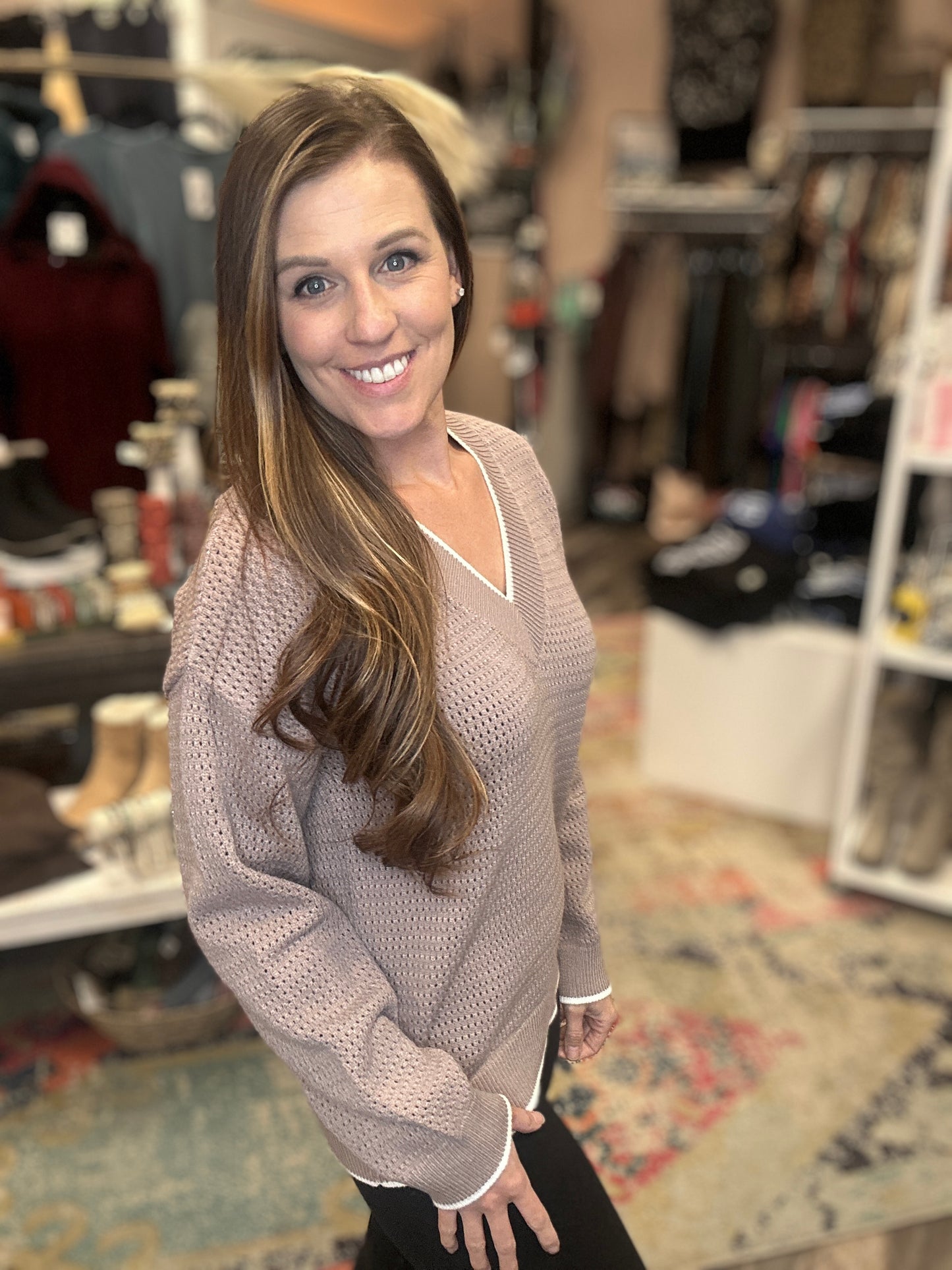 Taupe Knit V-Neck Sweater
