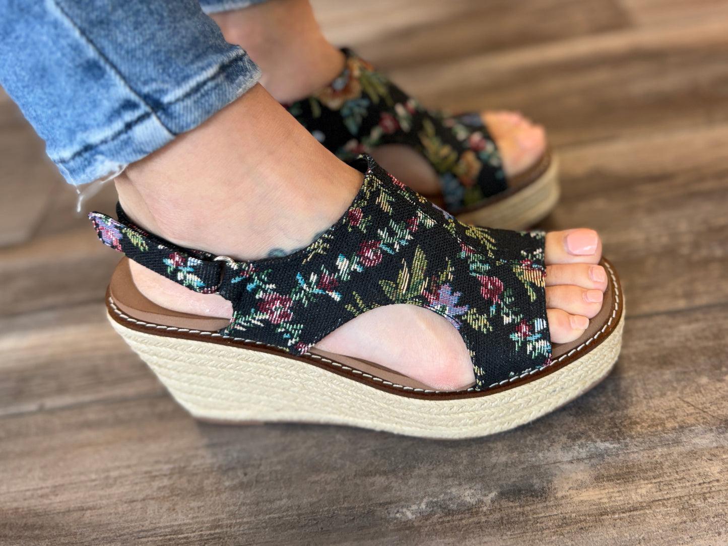 Black Floral Wedge