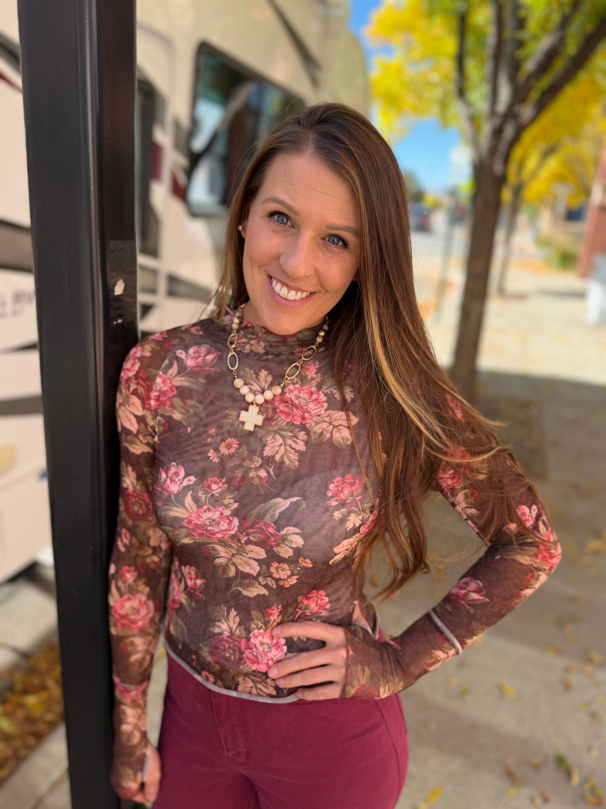 Brown and Cream Floral Mesh Long Sleeve