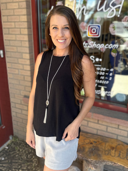 Black Crinkled Sleeveless Tank