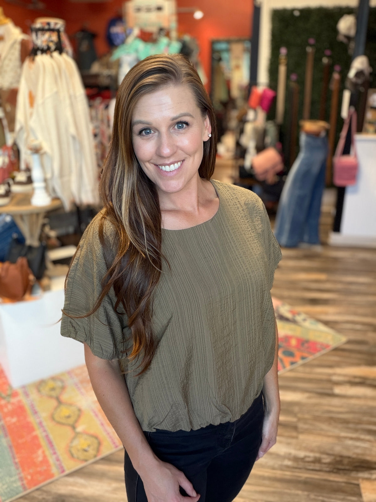 Olive Textured Ballon Blouse