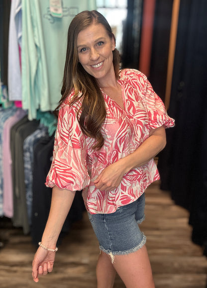 Pink Bubble Sleeve Mandain Collar Top