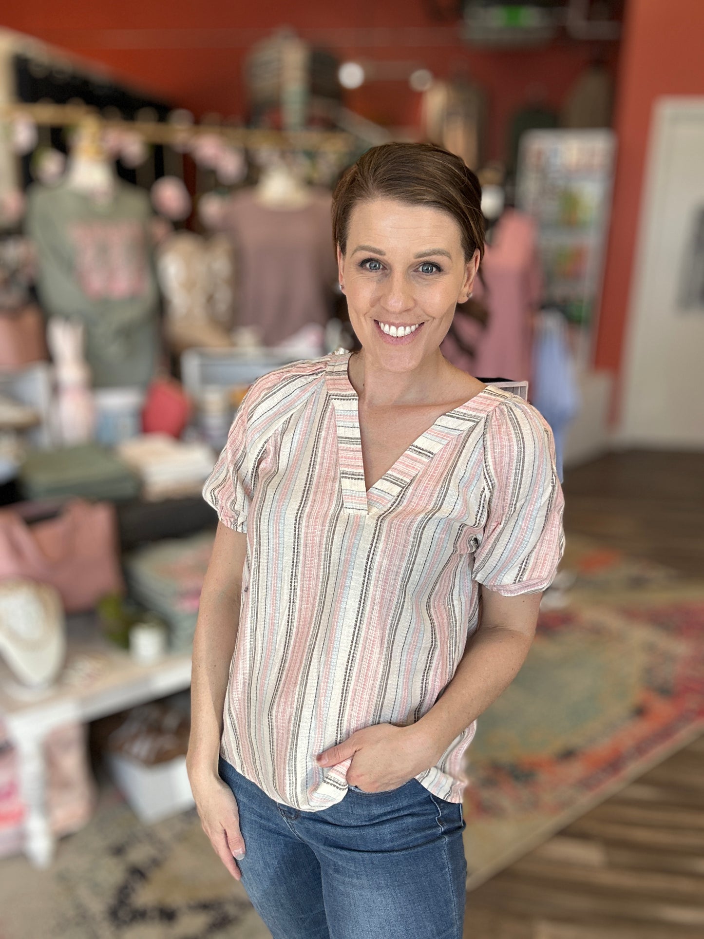 Stitched Pink V-Neck Striped Linen Blouse Top