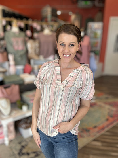 Stitched Pink V-Neck Striped Linen Blouse Top