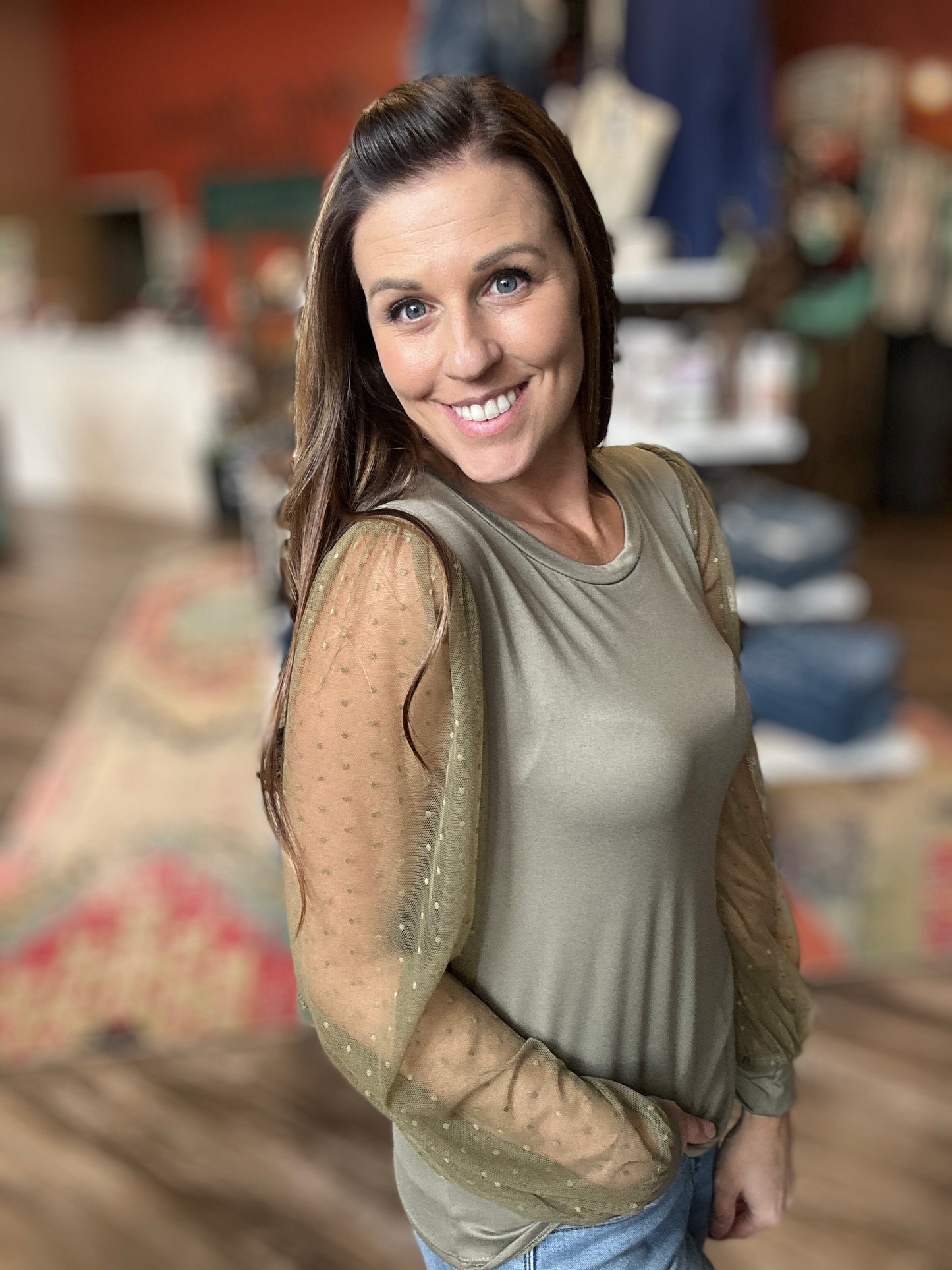 Sage Polka Dot Mesh Long Sleeve