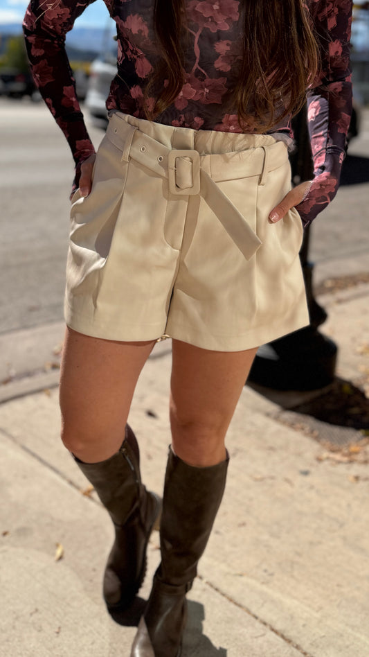Ivory Faux Leather Belted Shorts