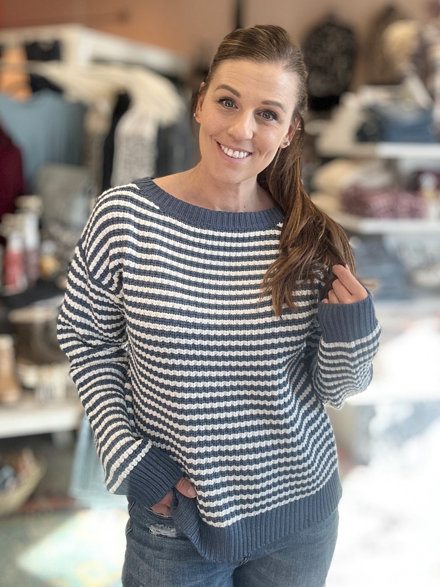 Denim Blue Striped Lantern Sleeve Top