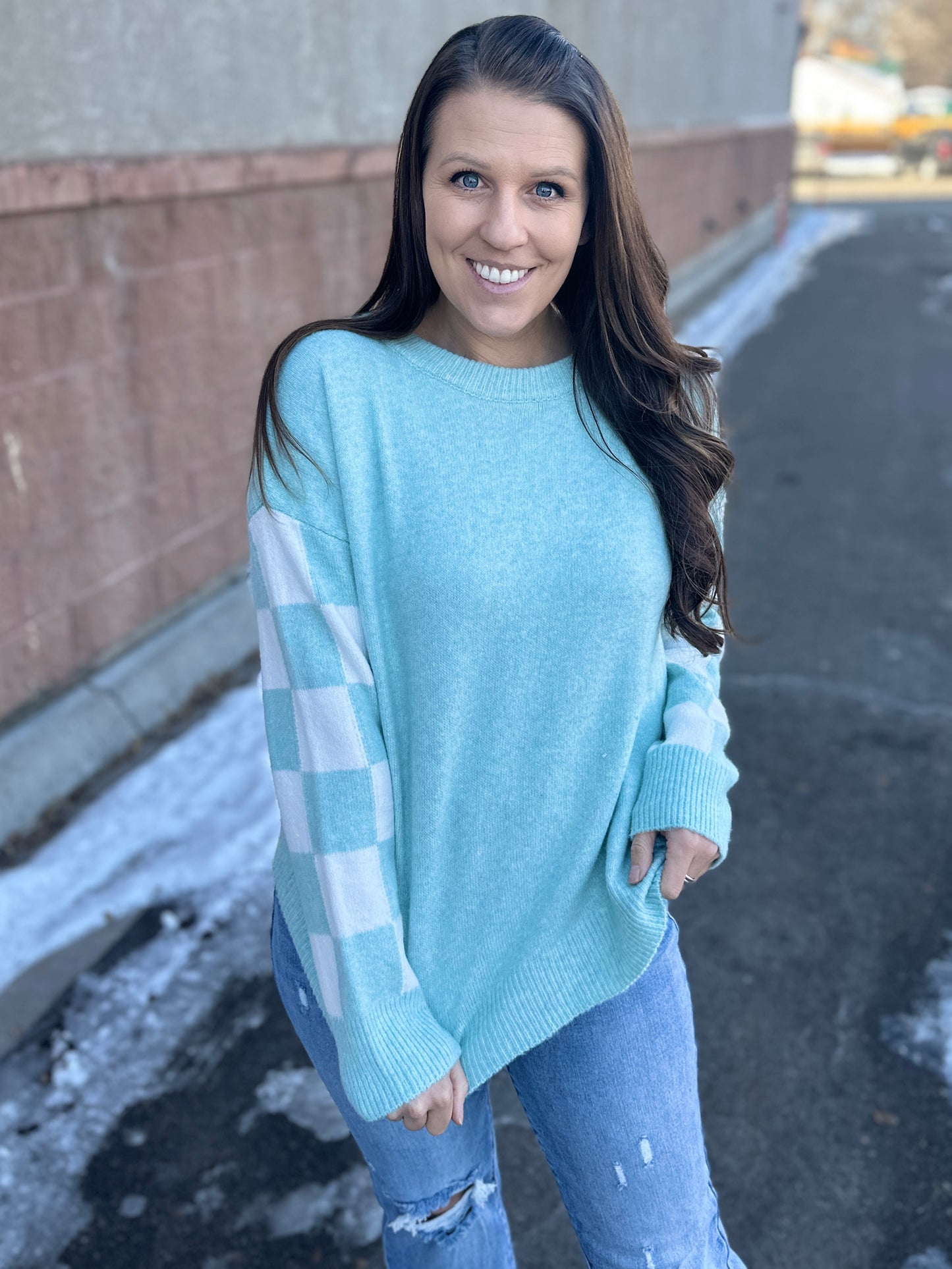 Light Blue Cozy Checkered Sweater