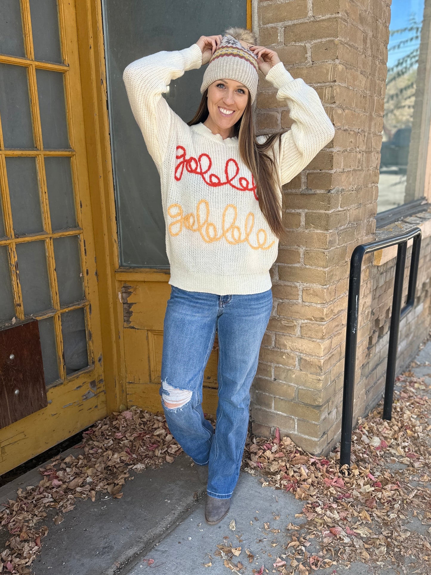 Embroidered "Gobble Gobble" Knit Sweater