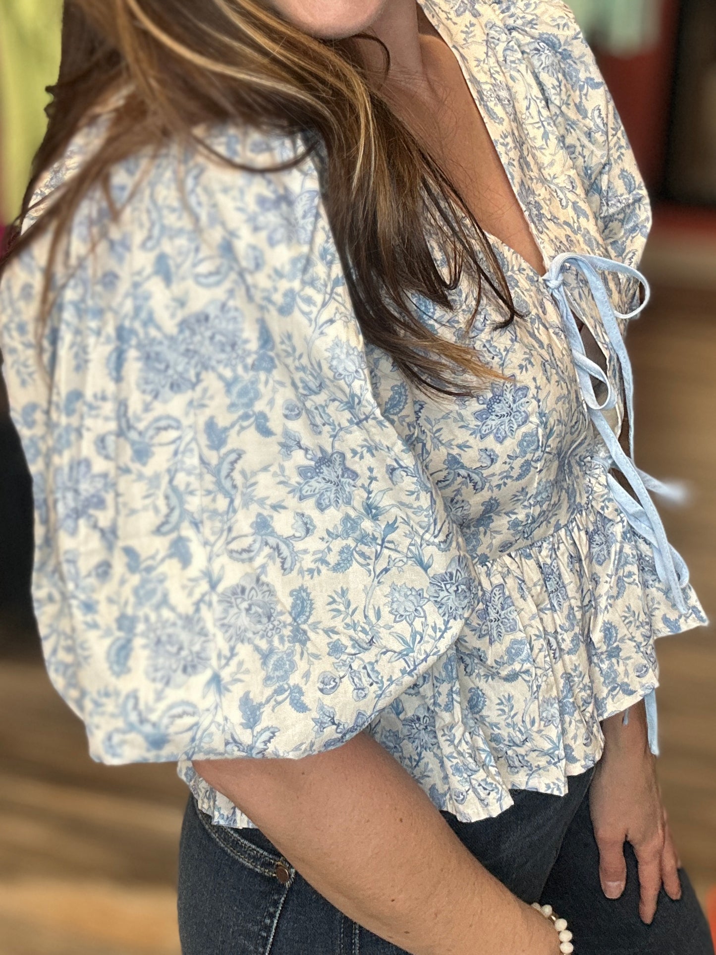 Blue Smock Front Tie Top