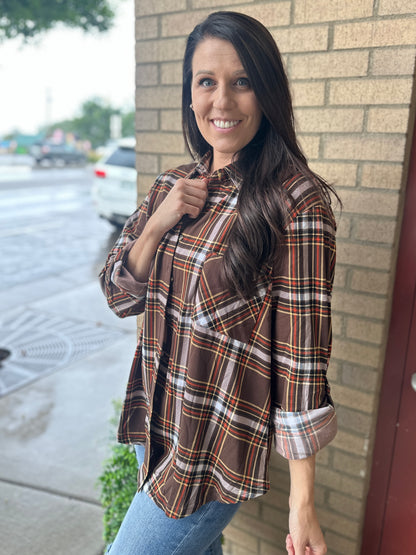 Brown and Orange Plaid Button Down