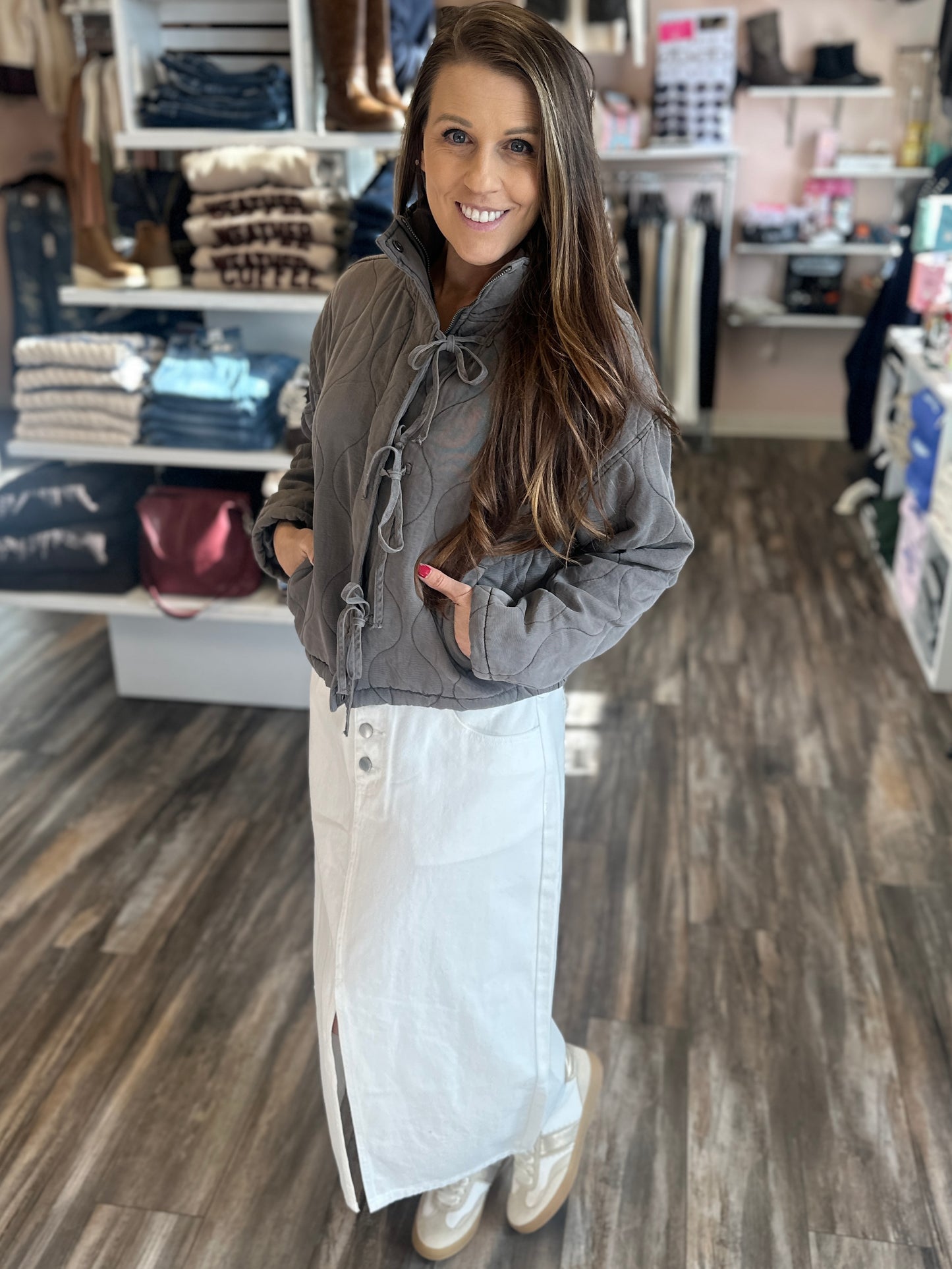 Washed Quilted Front Tie Puffer Jacket