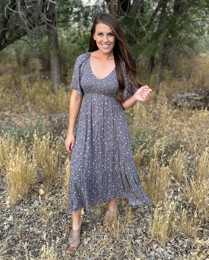 Slate Grey + Floral Smocked Midi Dress