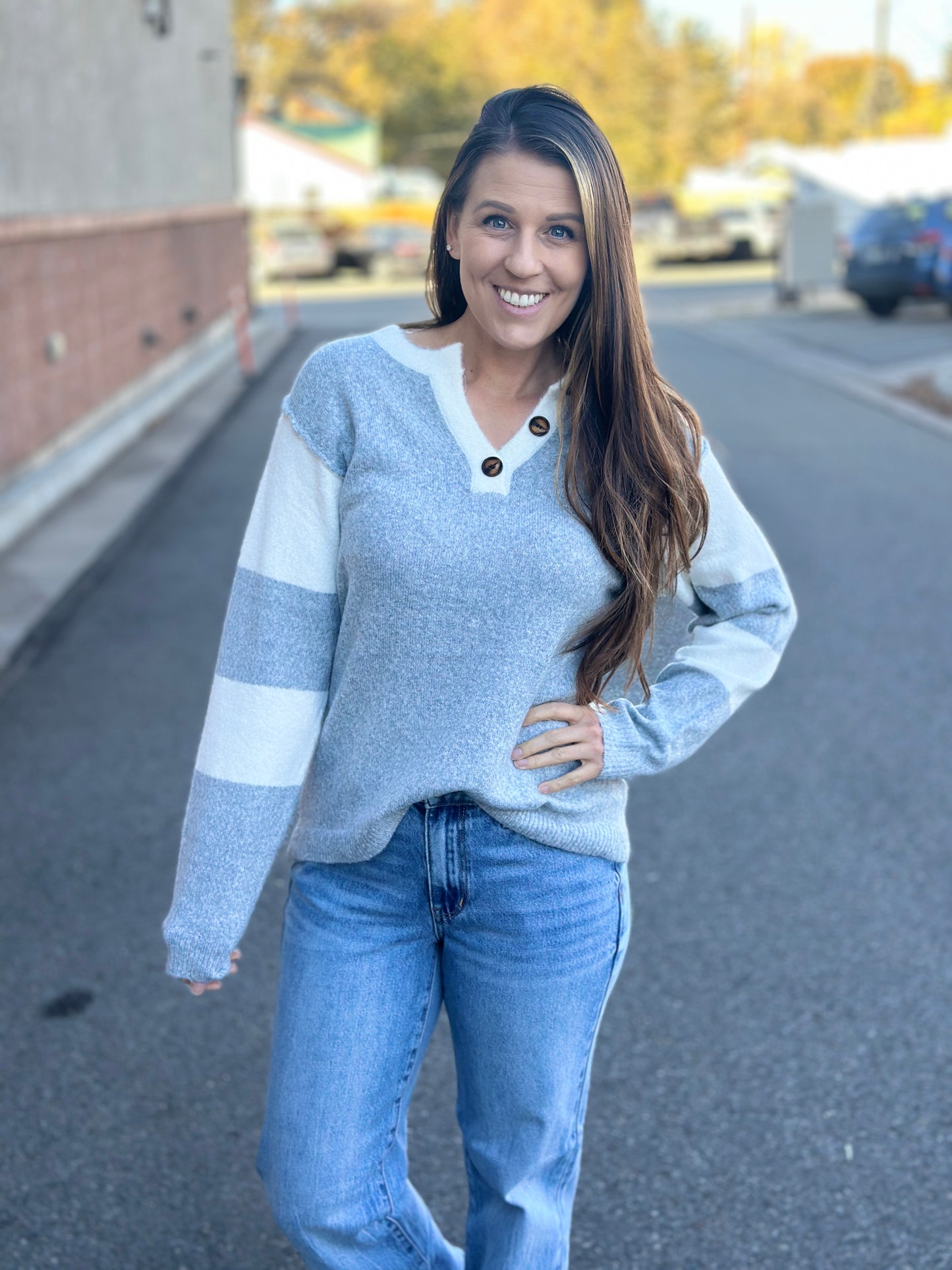 Heather Grey Sweater with Button Neckline