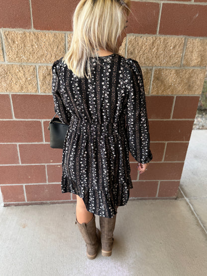 Black Floral Tier Mini Dress