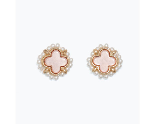 Pink Clover with Small Pearl Earrings