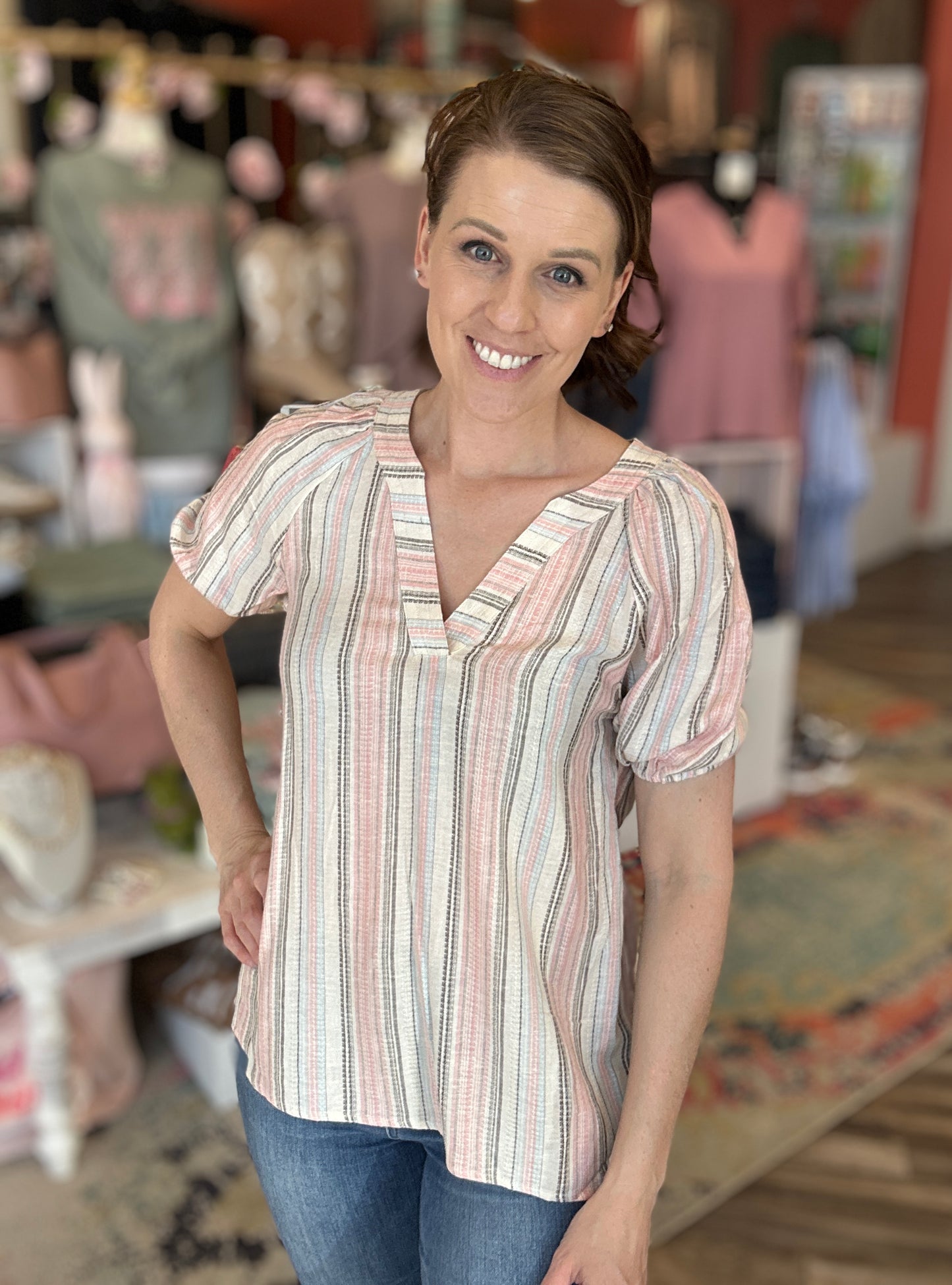 Stitched Pink V-Neck Striped Linen Blouse Top