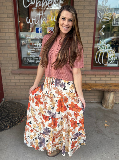 Rust Floral Ruffle Skirt