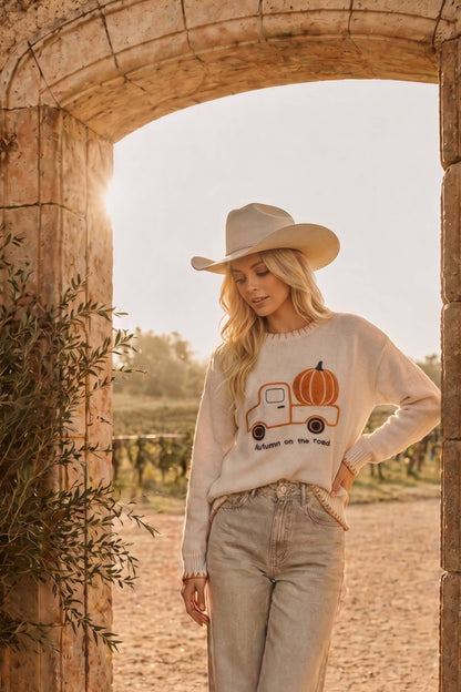 Autumn on the Road Pumpkin Truck Graphic Sweater