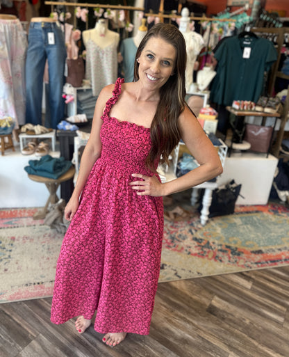 Smocking Frill Strap Floral Wide Leg Jumpsuit