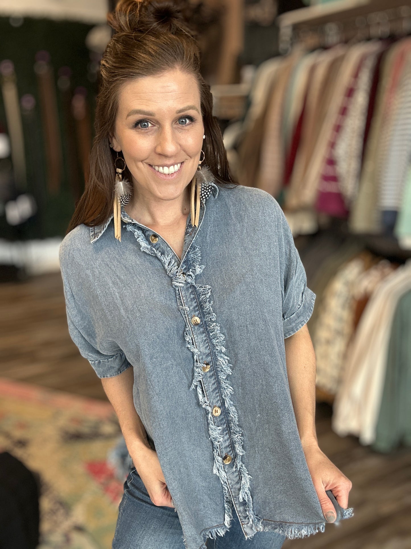 Frayed Trim Denim Top