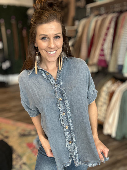 Frayed Trim Denim Top
