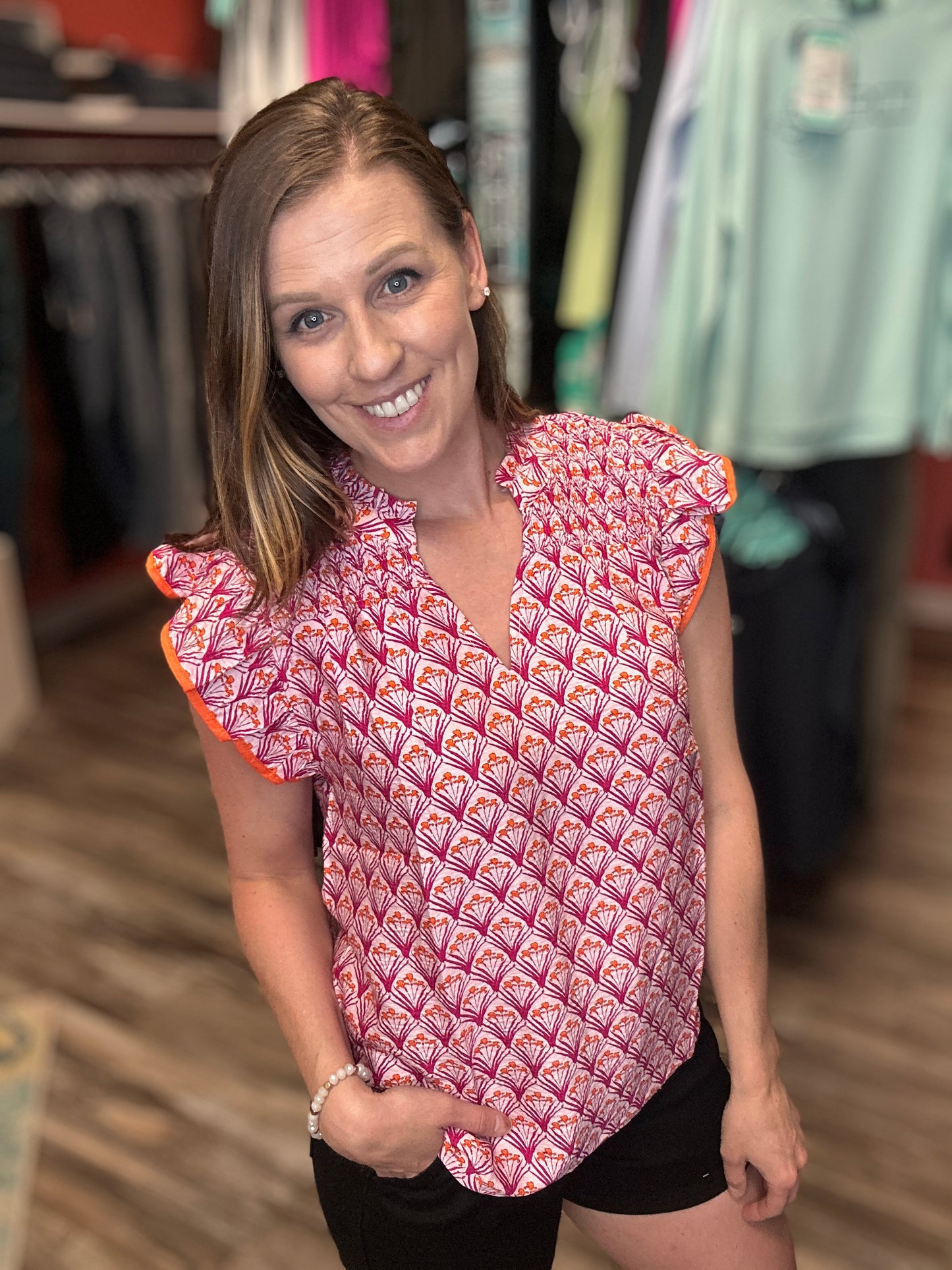 Pink Ruffled Collar Short Sleeve Blouse