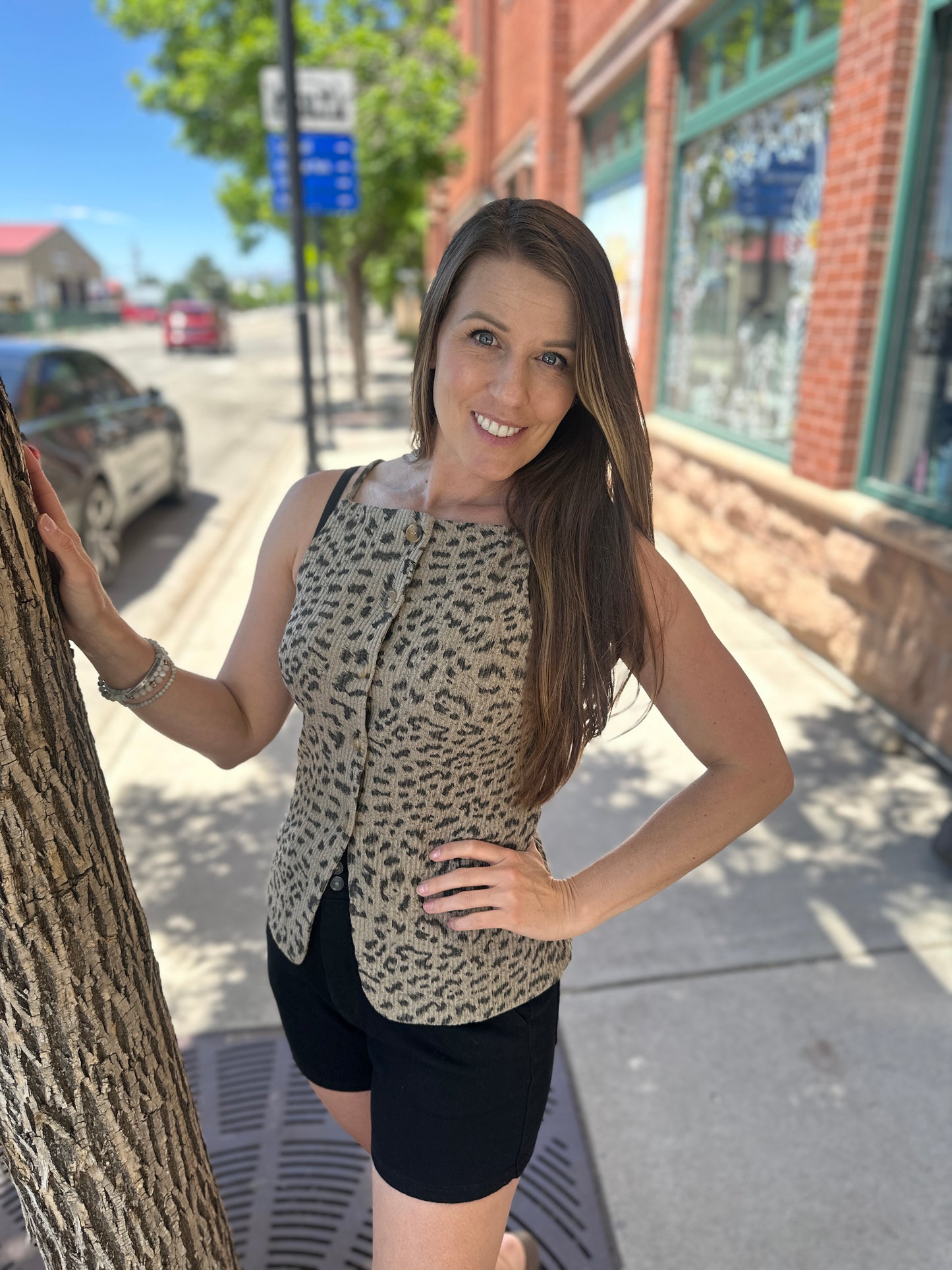 Ribbed Leopard Print Button Up Tank