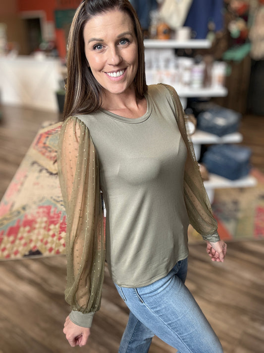 Sage Polka Dot Mesh Long Sleeve