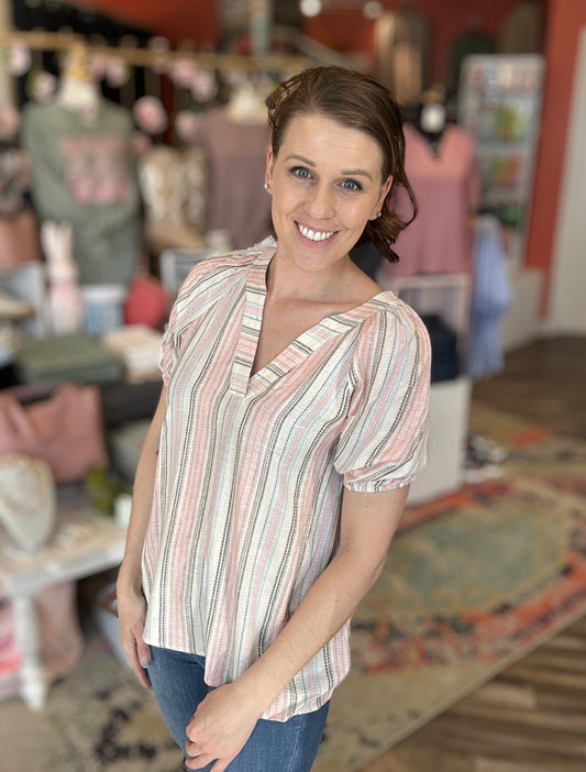 Stitched Pink V-Neck Striped Linen Blouse Top