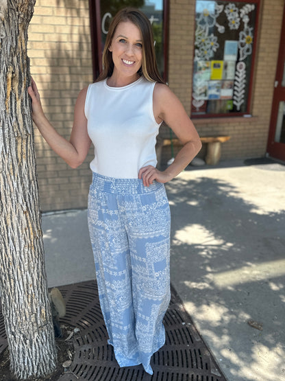 Smocked Waist Wide Leg Patchwork Pants