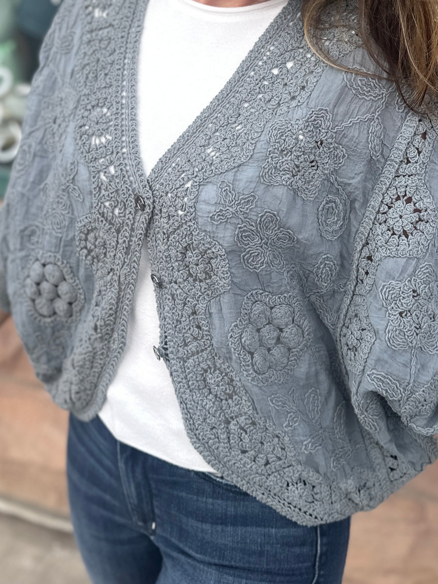 Grey Crochet Cropped Cardigan